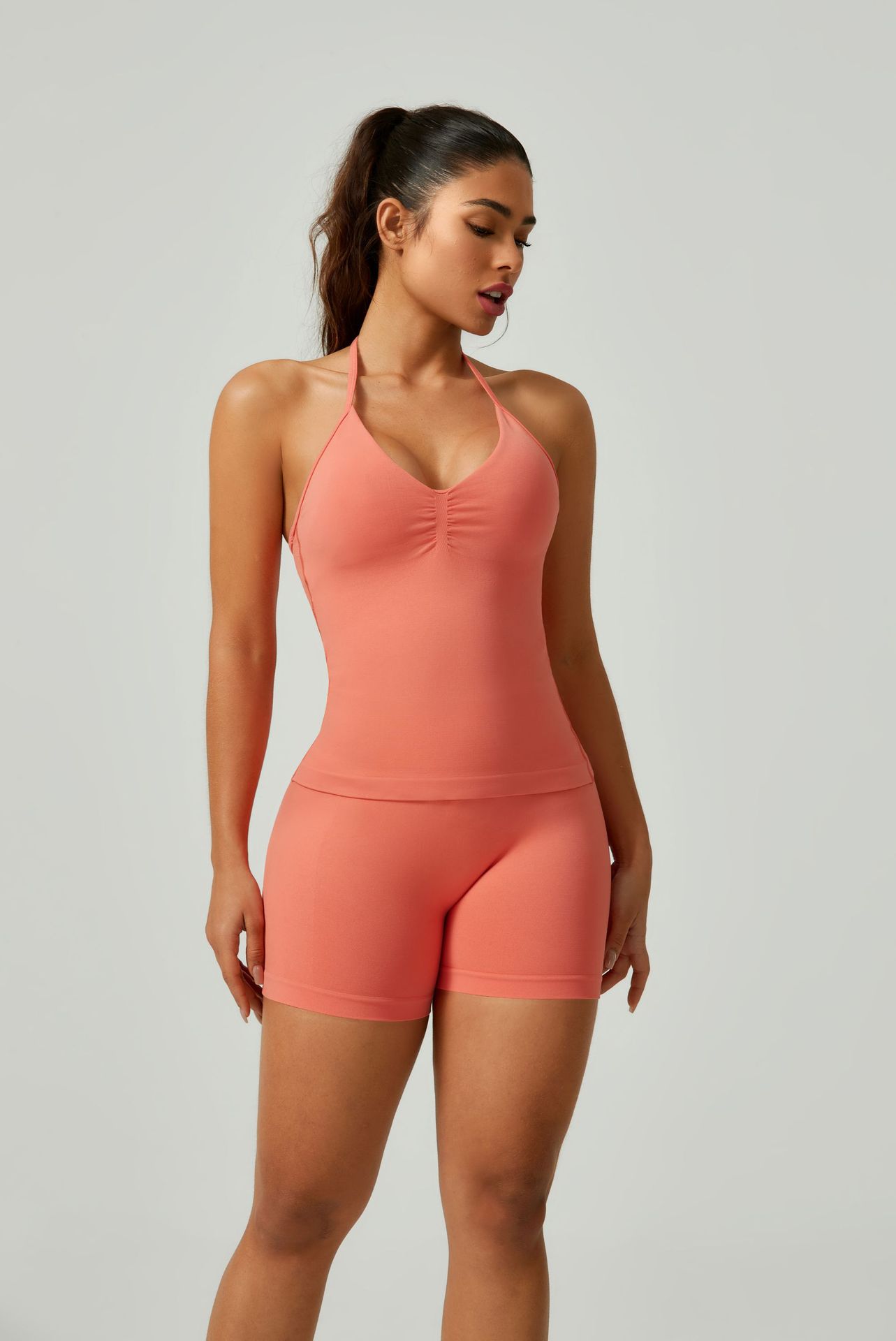 Women's Solid Color Thank You Halter Spaghetti Straps Vest Shorts Set Orange Red - Shop at LoveMi