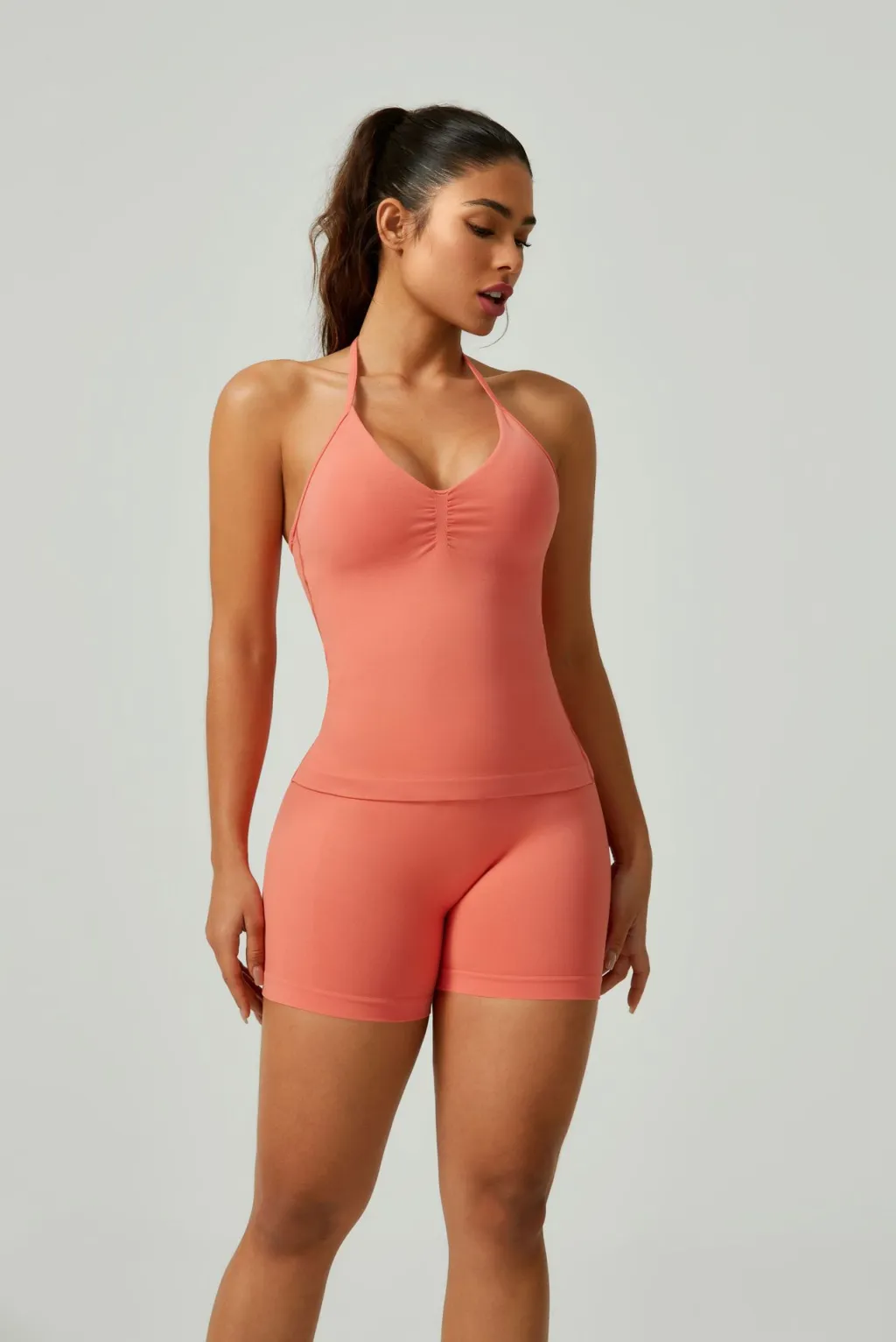 Women's Solid Color Thank You Halter Spaghetti Straps Vest Shorts Set - Orange Red