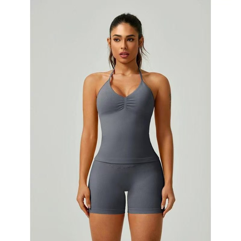 Women's Solid Color Thank You Halter Spaghetti Straps Vest Shorts Set Dark Gray - Shop at LoveMi