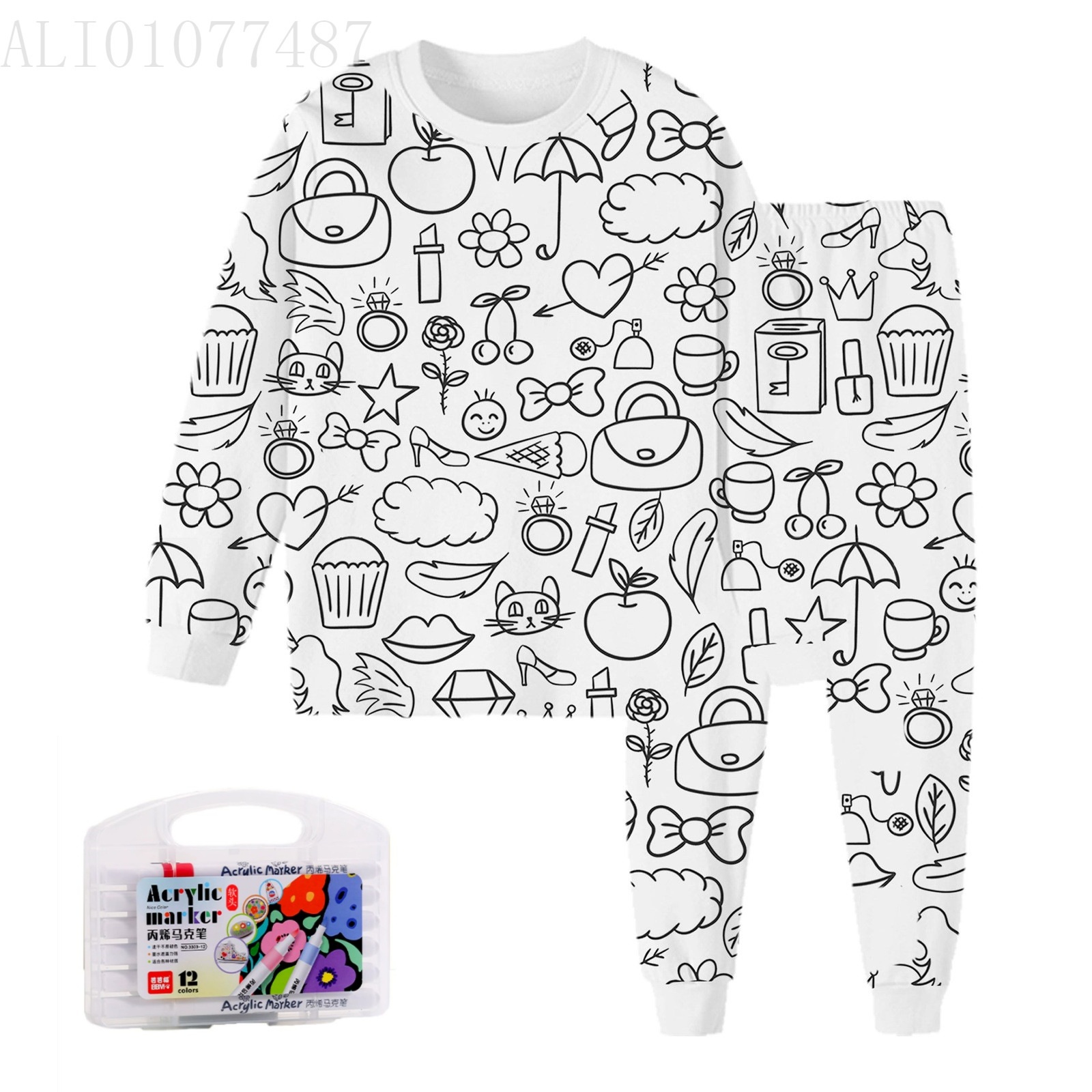Black And White Cartoon Cartoon Pattern Long-sleeved T-shirt And Trousers Two-piece Home Wear Children's Suit