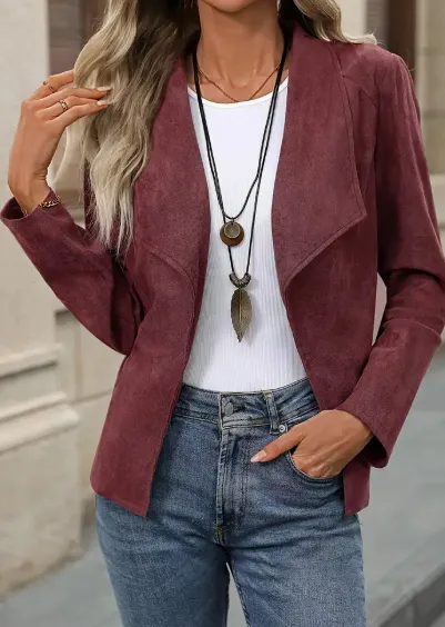 Women's Faux Suede Jacket New Coat - Wine Red