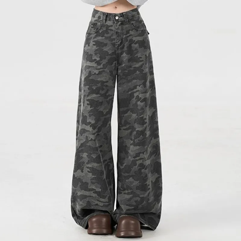 Retro Camouflage Wide-leg Jeans Women's Summer High Street Drape - Gray