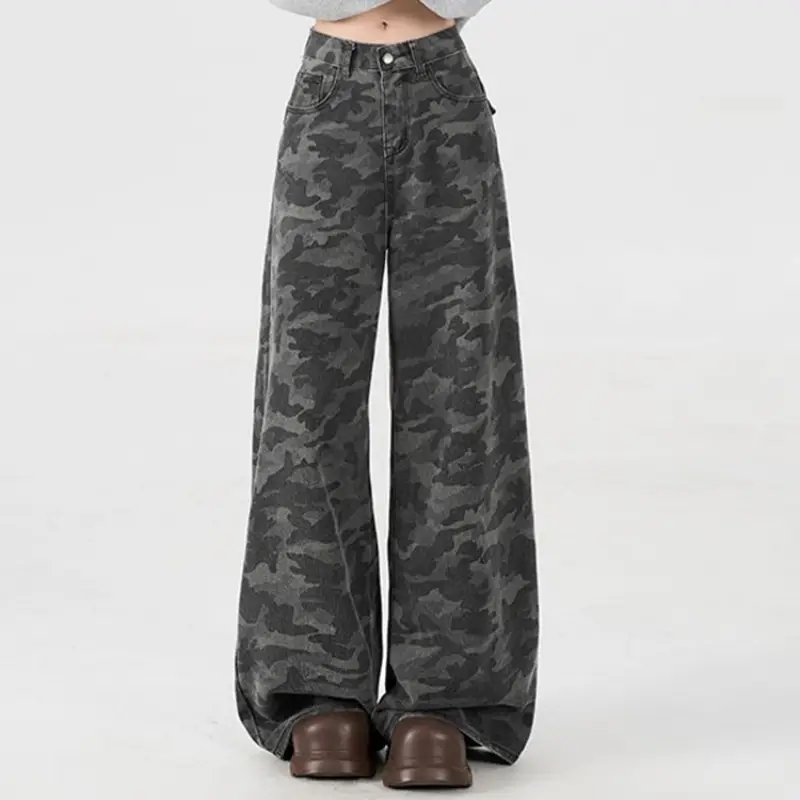 Retro Camouflage Wide-leg Jeans Women's Summer High Street Drape