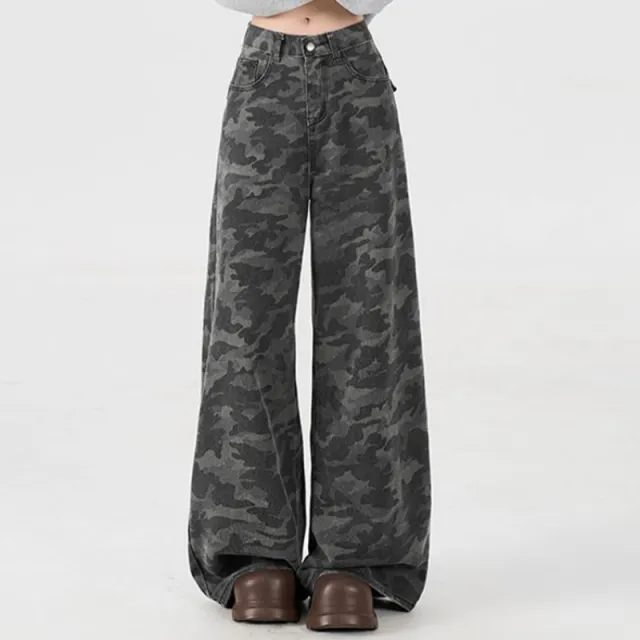 Retro Camouflage Wide leg Jeans Women's Summer High Street Drape Gray - Shop at LoveMi