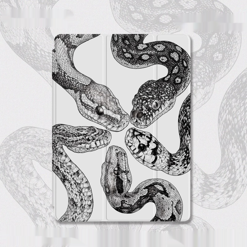 Black And White Niche Retro Python Illustration Tri-fold Airbag Protective Case