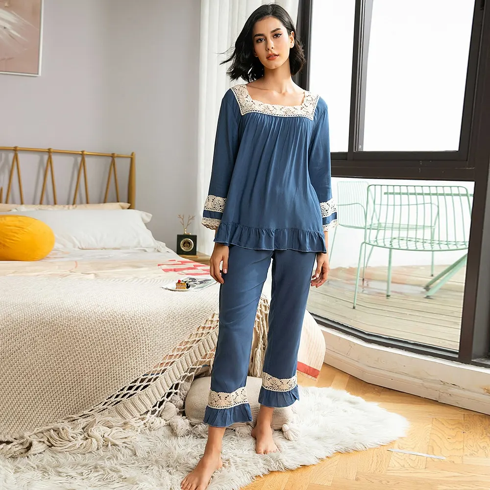 New Casual Solid Color Lace Stitching Home Wear