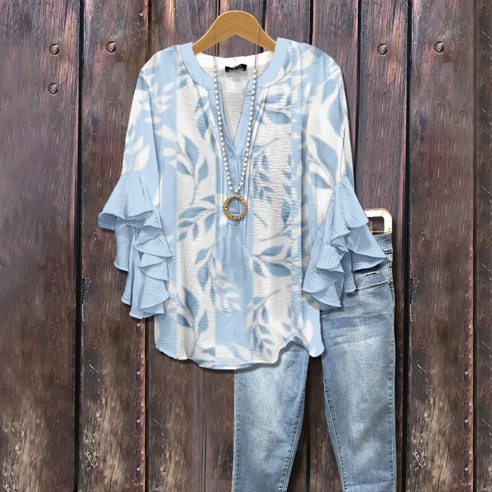 Women's V-neck Fashion Lotus Sleeve T-shirt - Style 4