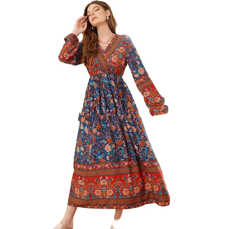Rayon Long Sleeve Bohemian Dress Vacation Beach Large Swing Dress - Blue