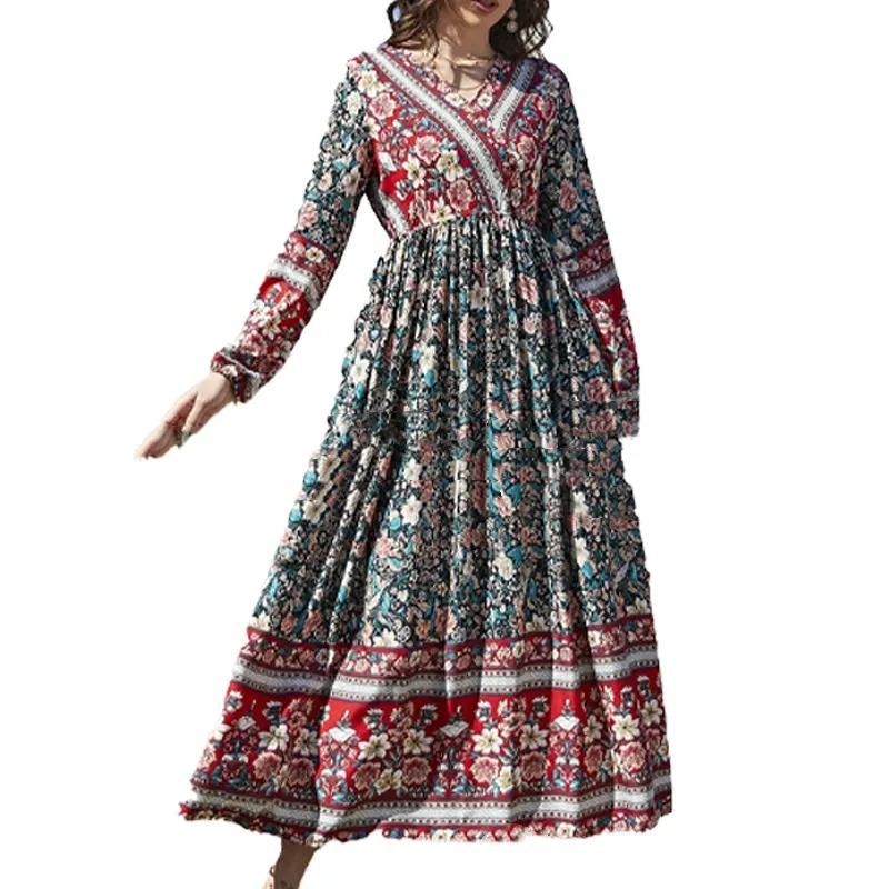 Rayon Long Sleeve Bohemian Dress Vacation Beach Large Swing Dress - Lake Blue