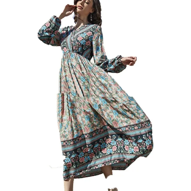 Rayon Long Sleeve Bohemian Dress Vacation Beach Large Swing Dress Pink - Shop at LoveMi