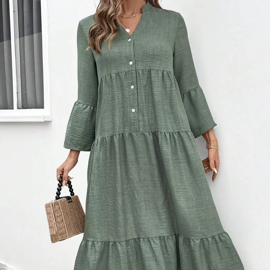 Women's Stand Up Collar Single Breasted Long Sleeved Casual Dress - Green