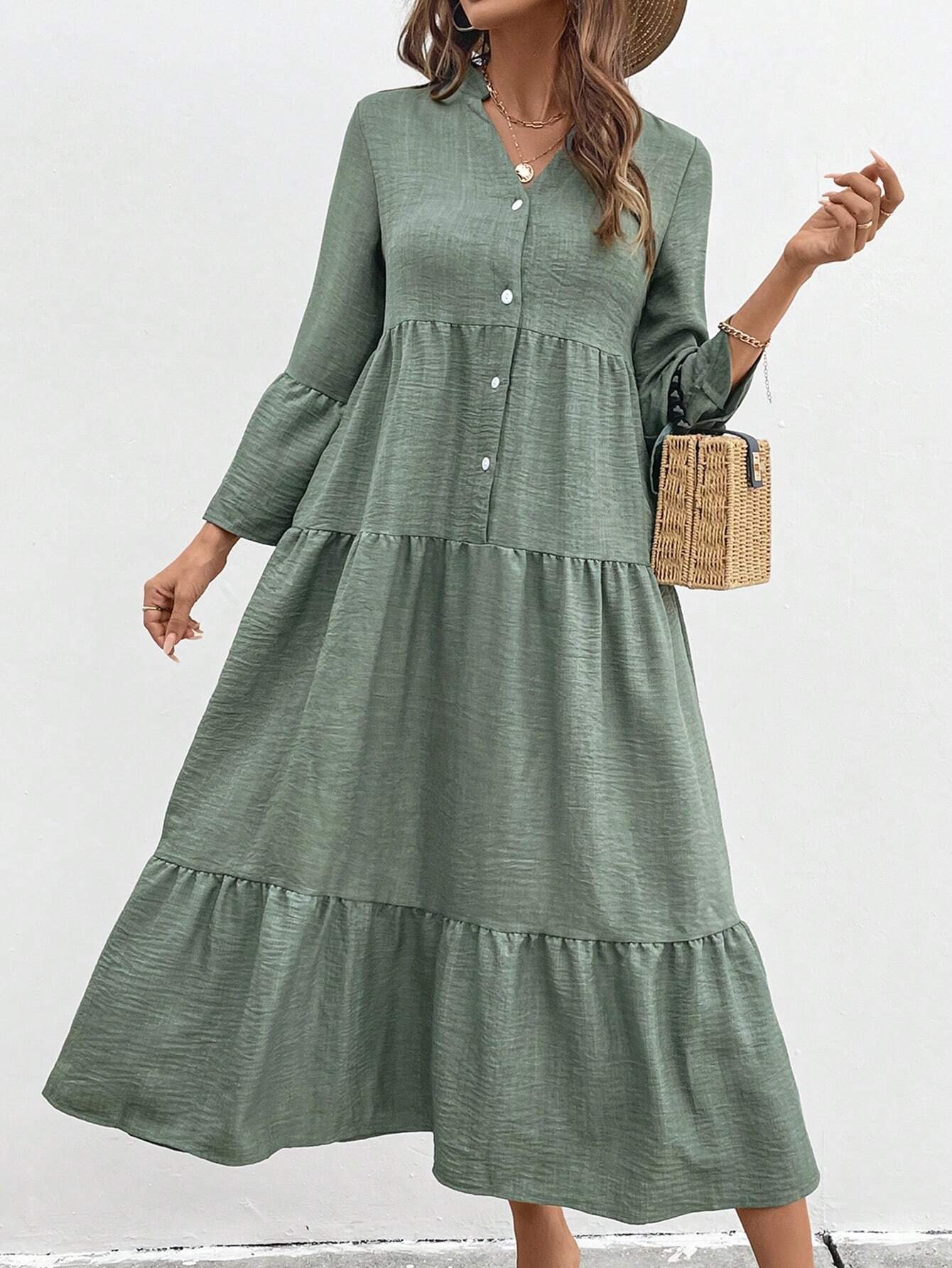 Women's Stand Up Collar Single Breasted Long Sleeved Casual Dress