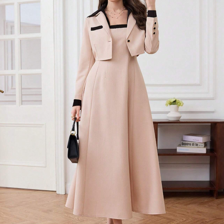 Women's Autumn Color Blocked Round Neck Long Sleeved Jacket And Camisole Skirt