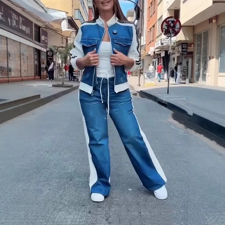 Women's Fashion Denim Stitching Long-sleeve Zipper Two-piece Set