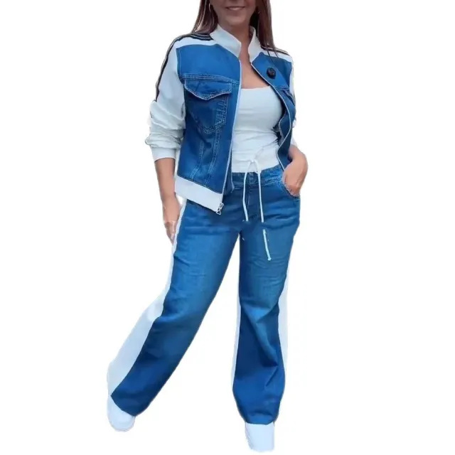 Women's Fashion Denim Stitching Long sleeve Zipper Two piece Set Blue - Shop at LoveMi
