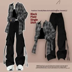 Spring And Autumn Female Drag Cool Suit - Black Plaid Single Shirt - View 1