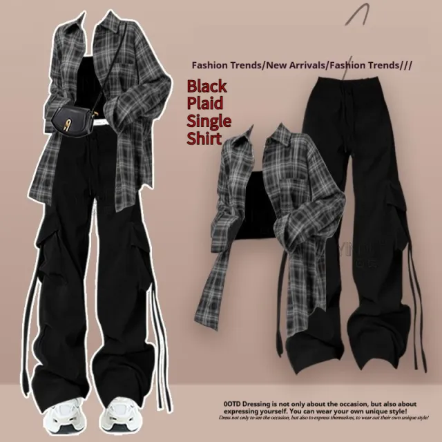 Spring And Autumn Female Drag Cool Suit Black Plaid Single Shirt - Shop at LoveMi