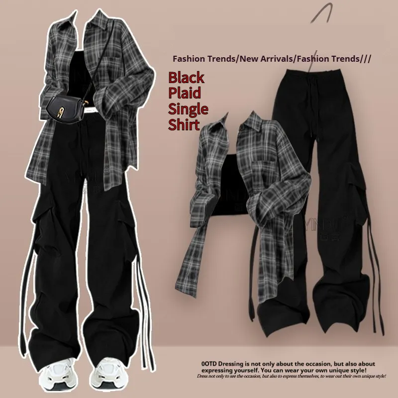 Spring And Autumn Female Drag Cool Suit - Black Plaid Single Shirt