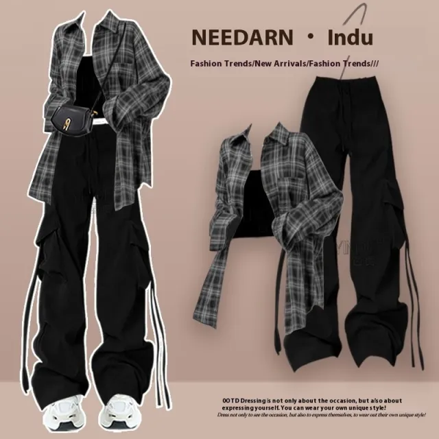 Spring And Autumn Female Drag Cool Suit Plaid Shirt Suspender Trousers - Shop at LoveMi