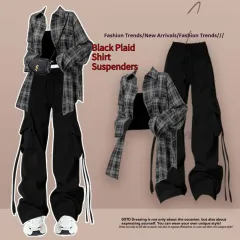Spring And Autumn Female Drag Cool Suit - Black Plaid Shirt Suspenders - View 1