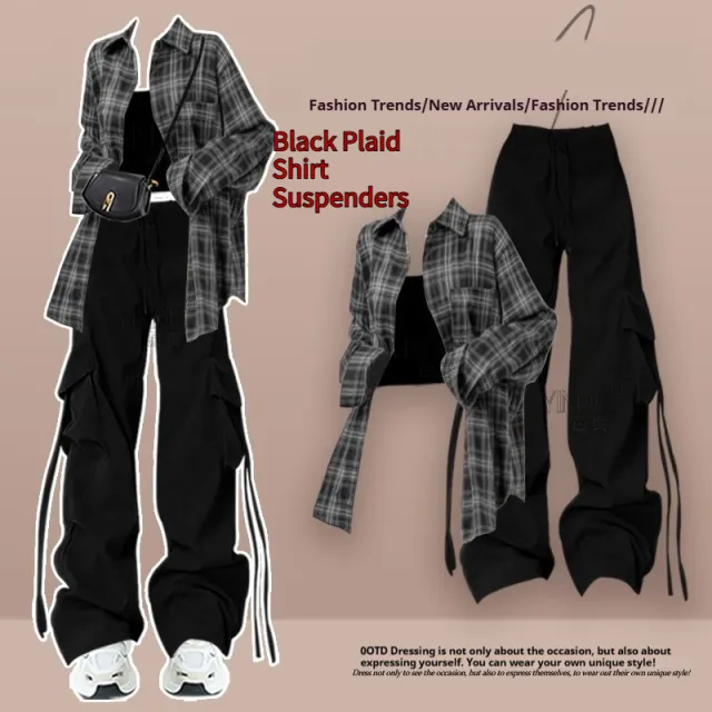 Spring And Autumn Female Drag Cool Suit Black Plaid Shirt Suspenders - Shop at LoveMi