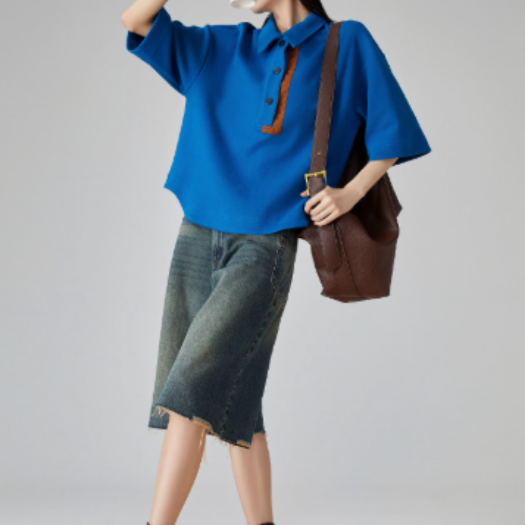 Klein Blue Lapel Contrast Color Pullover T-shirt For Women
