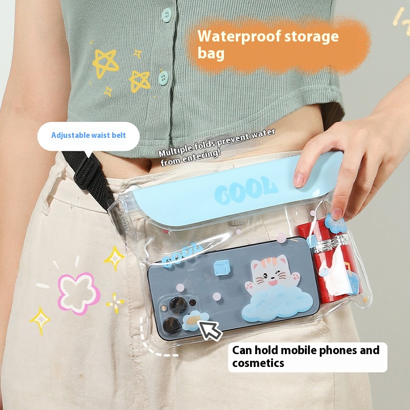 Mobile waterproof bag with adjustable waistband and touch screen for outdoor beach use