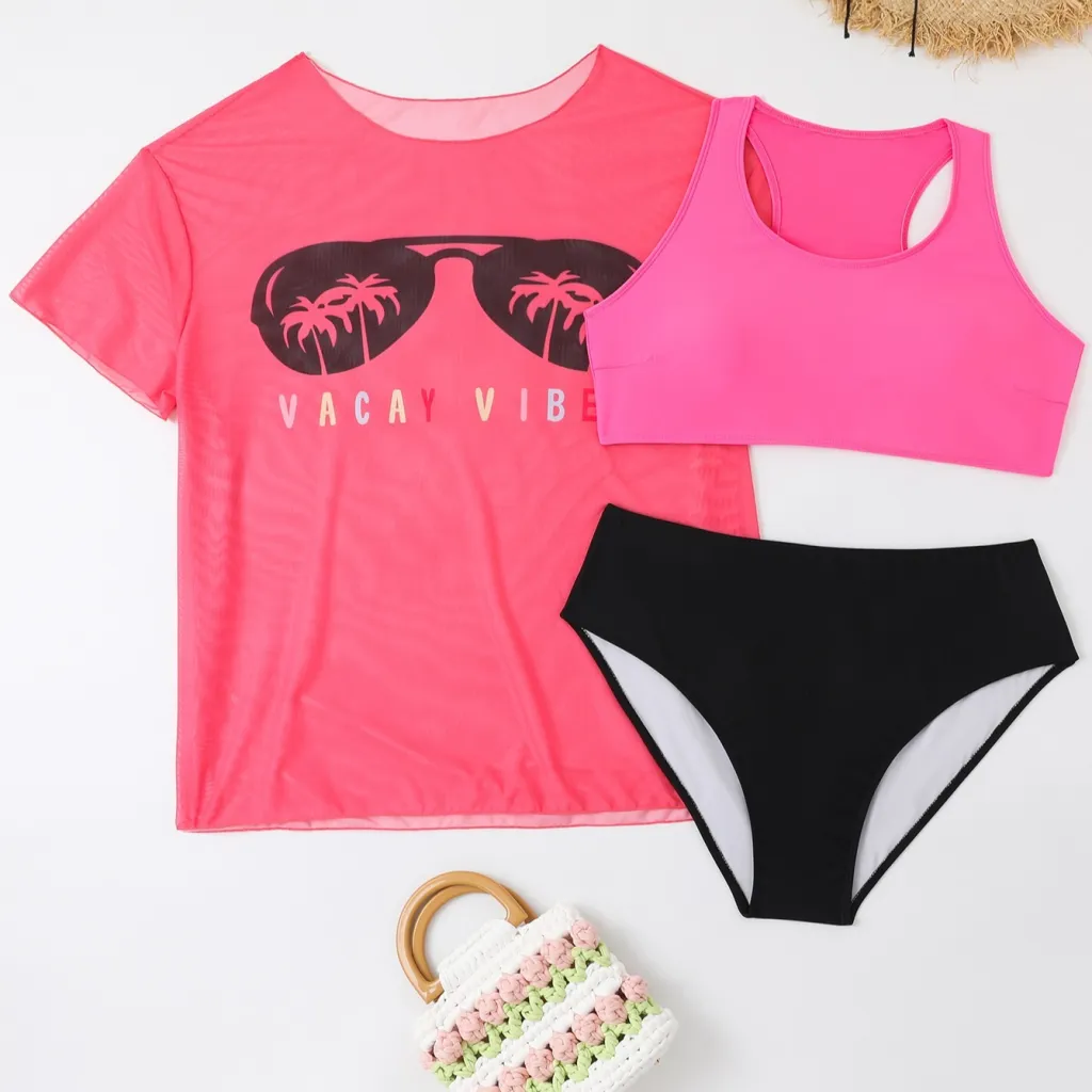New Swimwear Mesh See-through Blouse Plus Size Swimsuit Bikini Three-piece Set - 3Color-2Xl