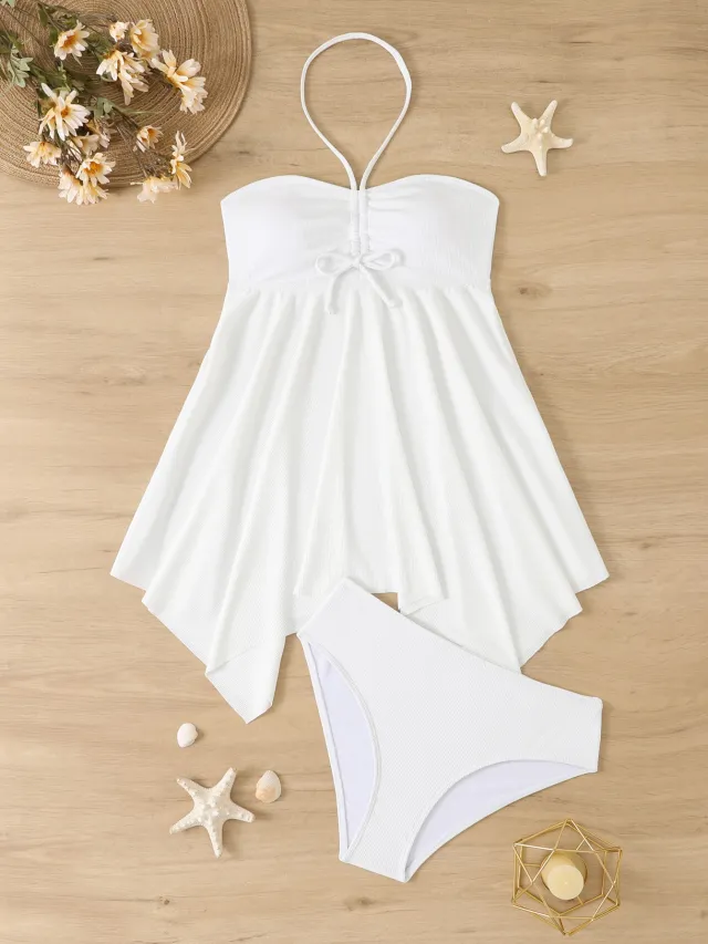 Halter Tube Top Split Irregular Skirt Hem Two Piece Swimsuit Female White - Shop at LoveMi