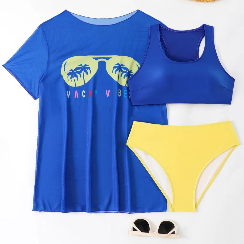 New Swimwear Mesh See-through Blouse Plus Size Swimsuit Bikini Three-piece Set - 4Color-2Xl