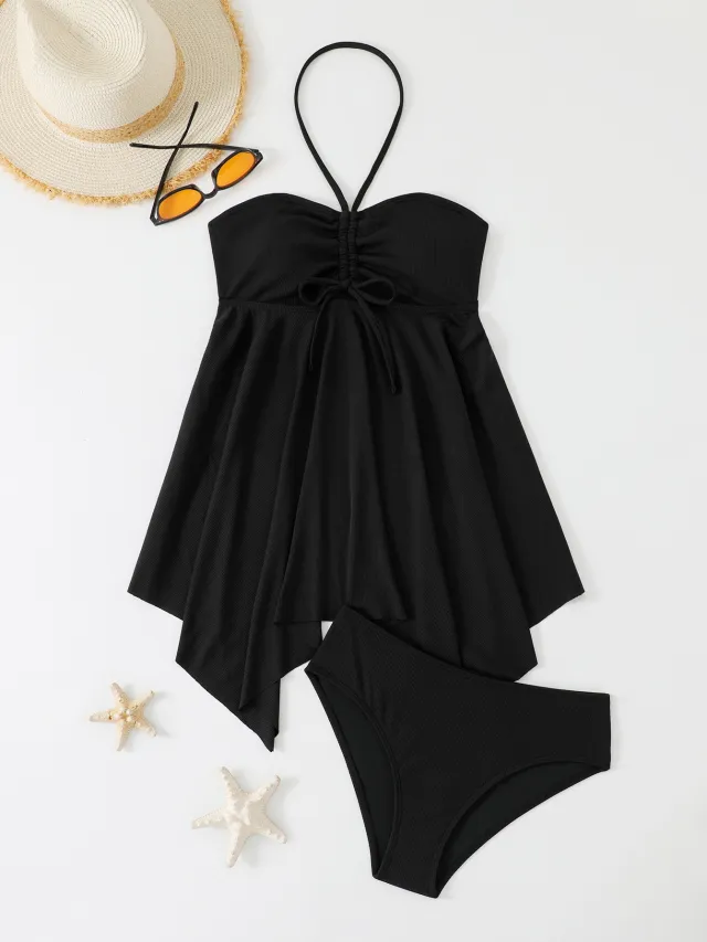 Halter Tube Top Split Irregular Skirt Hem Two Piece Swimsuit Female Black - Shop at LoveMi