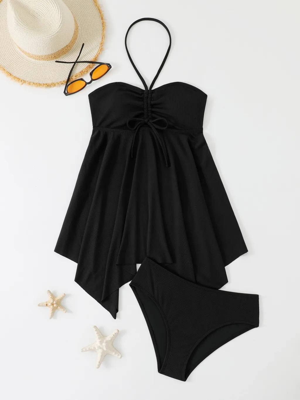 Halter Tube Top Split Irregular Skirt Hem Two Piece Swimsuit Female - Black