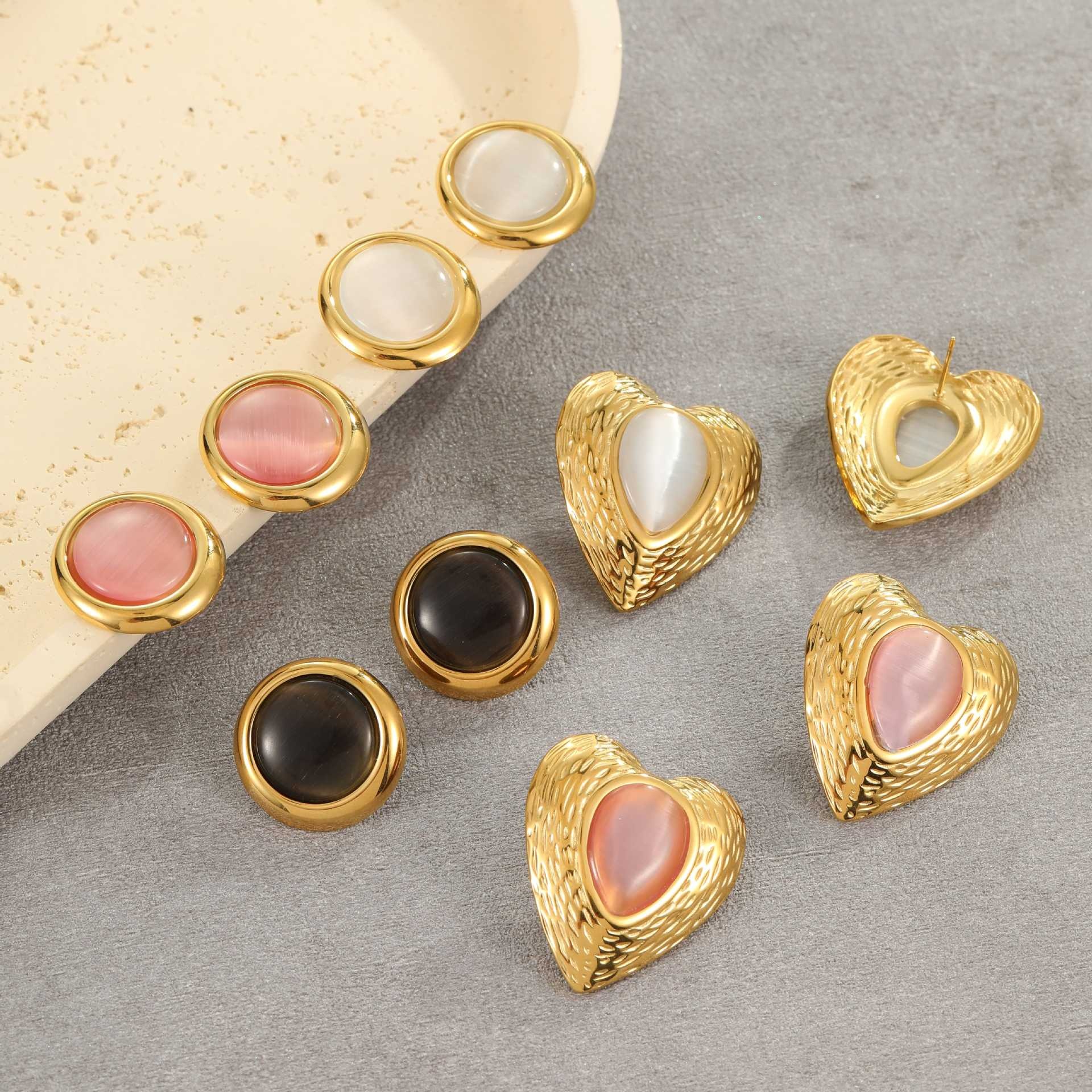 Titanium Steel Heart-shaped Cat Eye Earrings Open Ring