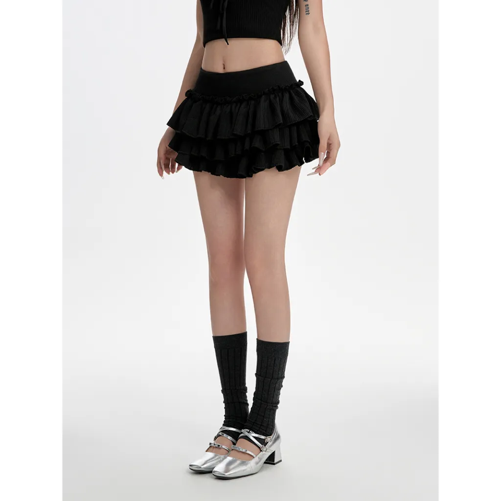 Puffy Cake Dress Women's Low Waist Pleated Skirt - Black