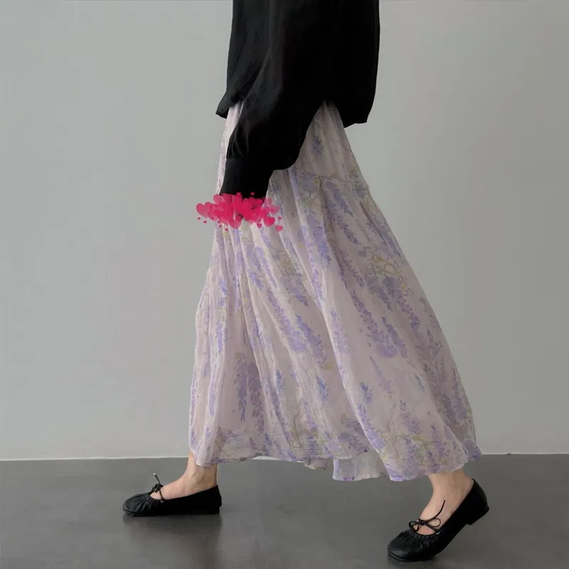 Wisteria Flower Ramie Skirt Mid-length A- Line Cake Fairy Dress - Color