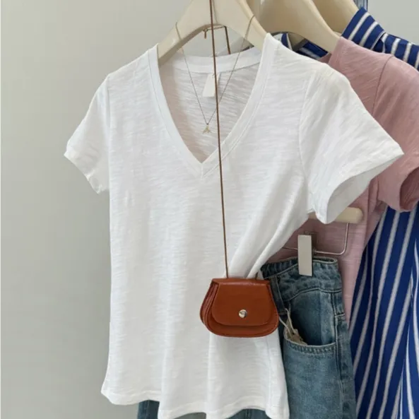 American style Solid Color Slim fit V neck Short sleeved Top White - Shop at LoveMi