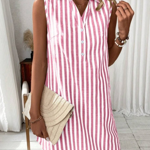 Button Striped Shirt Dress Loose Casual Wine Red - Shop at LoveMi