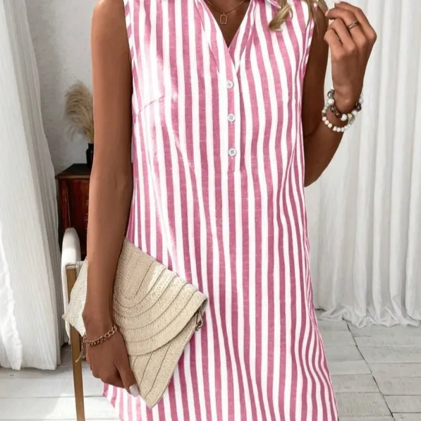 Button Striped Shirt Dress Loose Casual - Wine Red