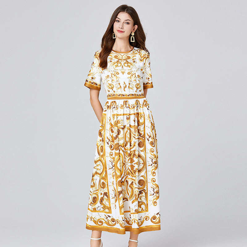 Spring And Summer Blue And White Porcelain Printed Large Swing Short Sleeve Dress Yellow - Shop at LoveMi
