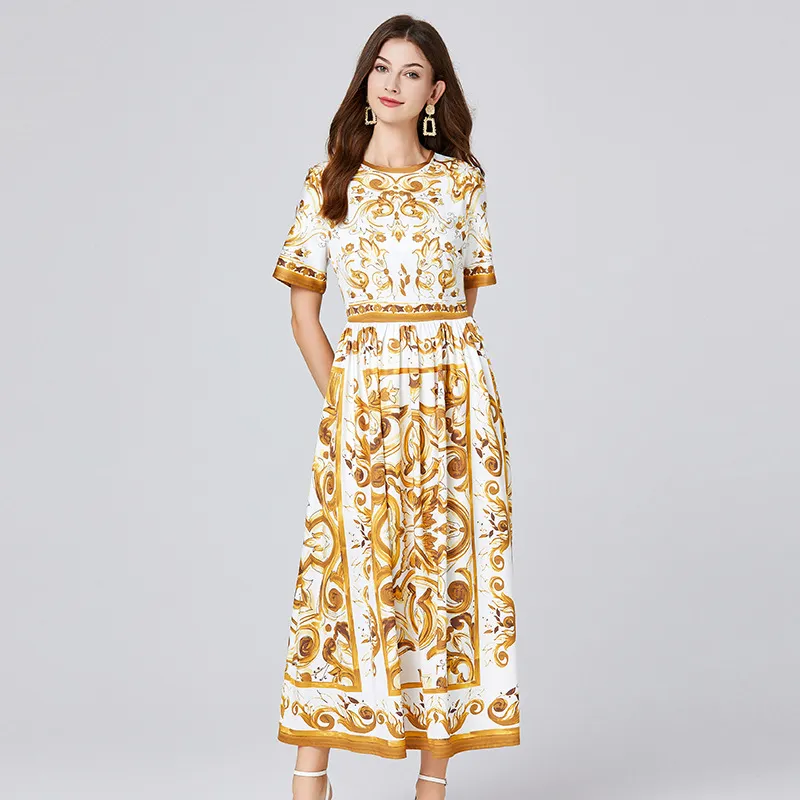 Spring And Summer Blue And White Porcelain Printed Large Swing Short Sleeve Dress - Yellow