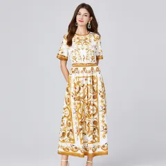 Spring And Summer Blue And White Porcelain Printed Large Swing Short Sleeve Dress - Yellow - View 1