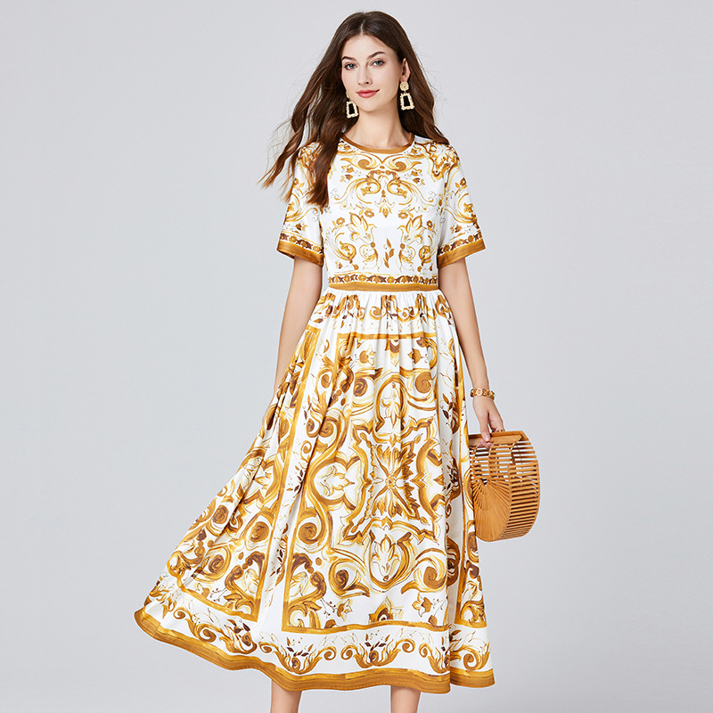 Spring And Summer Blue And White Porcelain Printed Large Swing Short Sleeve Dress