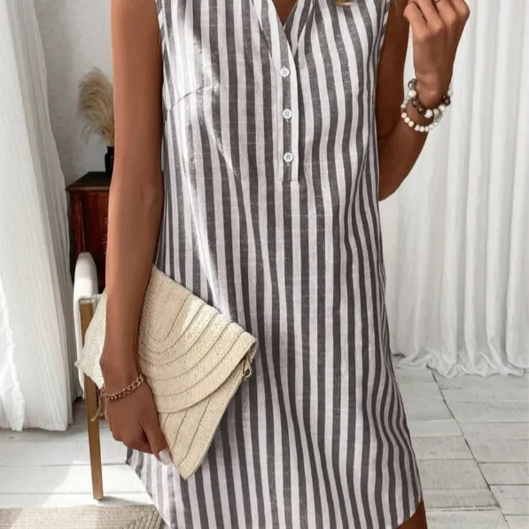 Button Striped Shirt Dress Loose Casual - Black