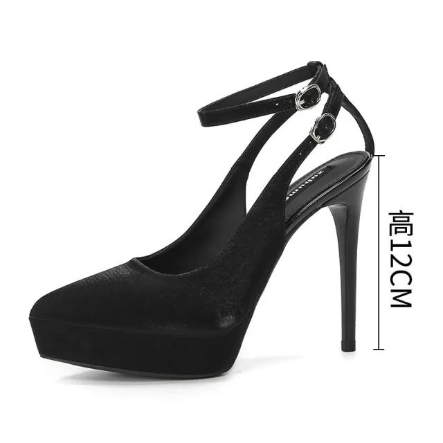 Waterproof Platform Suede Pointed Stiletto Heel High Heels Black - Shop at LoveMi