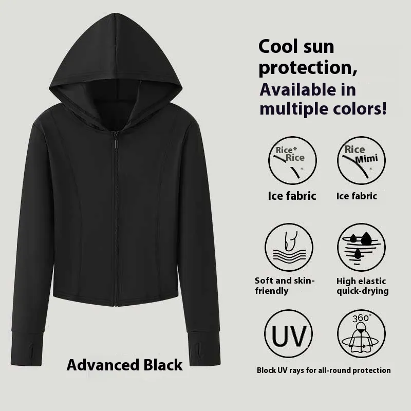 Ice Silk Sun Protection Clothing Women's Slim Fit - Advanced Black