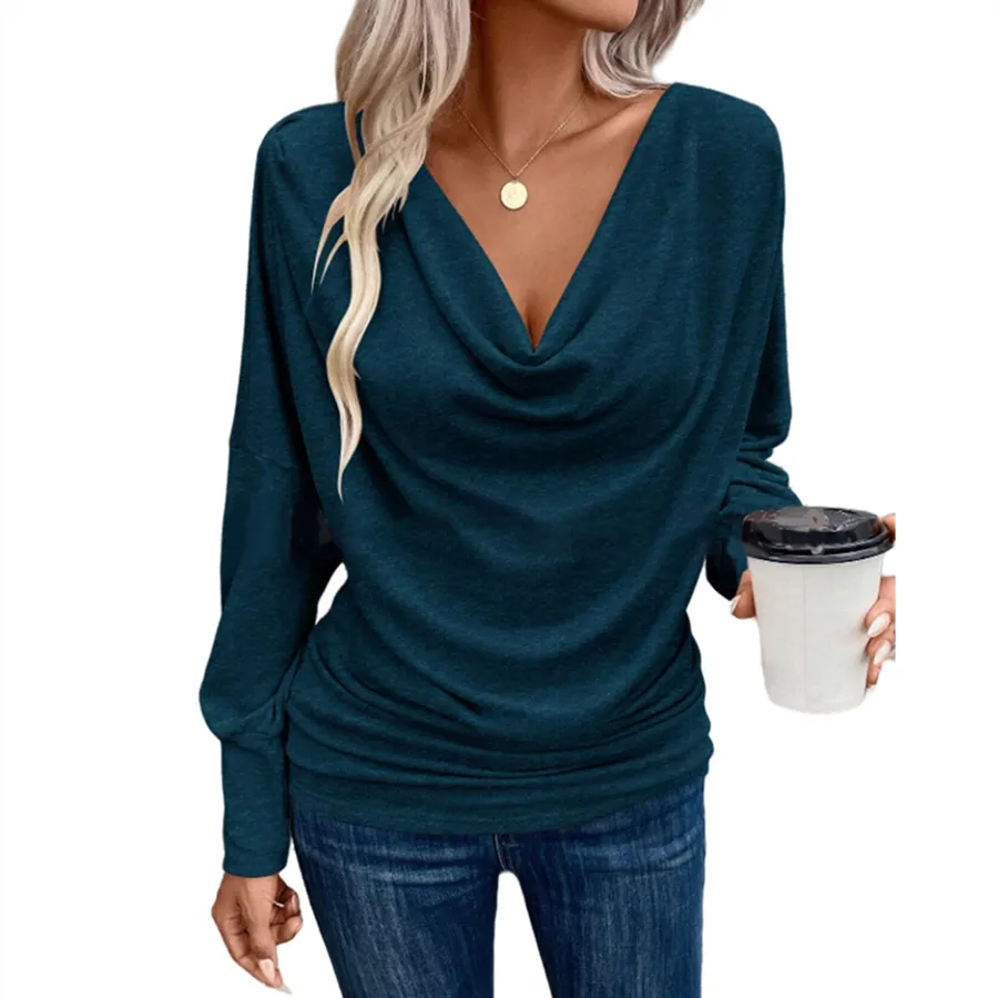 Women's V-neck Pile Collar Solid Color Knitted Long Sleeve Loose T-shirt - Dark Lake Blue
