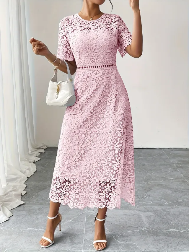 Round Neck Water Soluble Lace Short Sleeve Hollow Lace Elegant Long Dress Pink - Shop at LoveMi