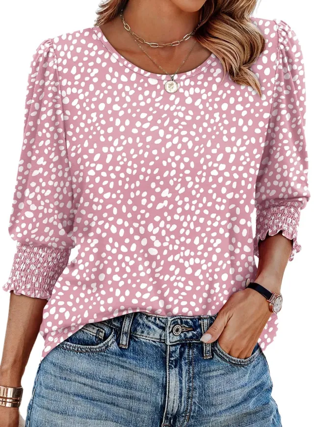 Women's Loose Casual Print Round Neck Top Pink Dots - Shop at LoveMi