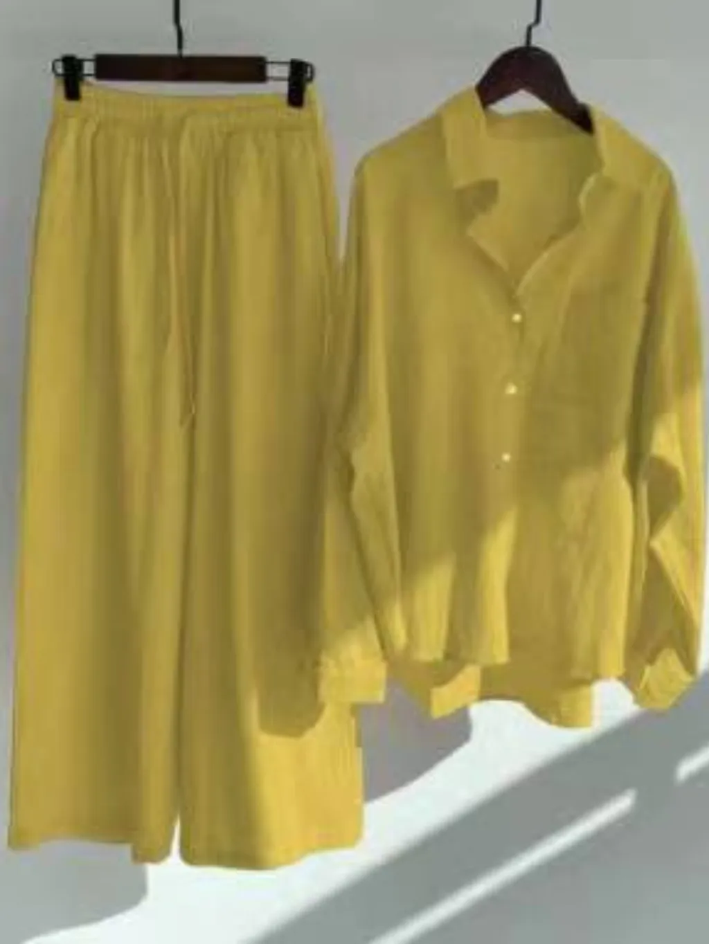 Cotton And Linen Shirt Outfit Waist Loose Trousers - Yellow