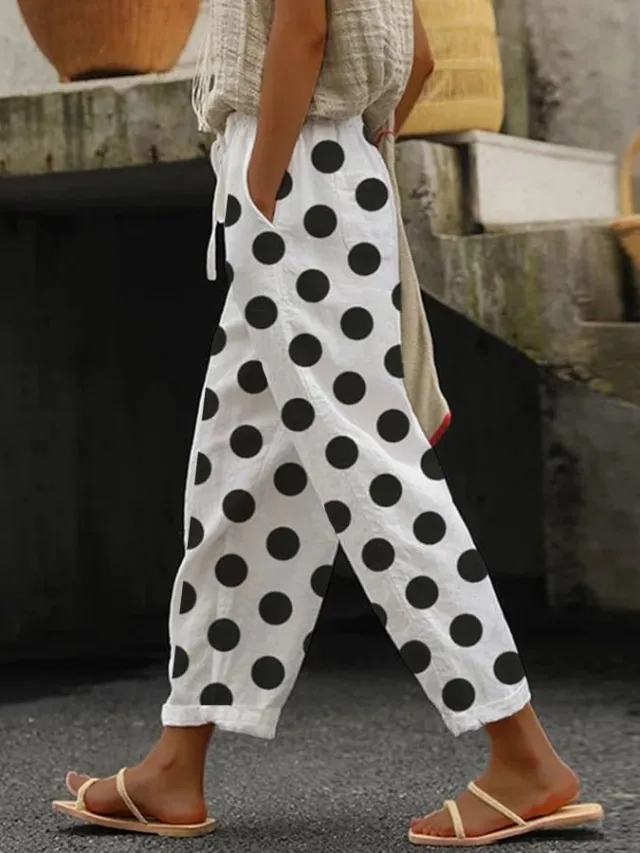 Women's Simple Tassel Striped Striped Pocket Floral Print Casual Trousers White - Shop at LoveMi